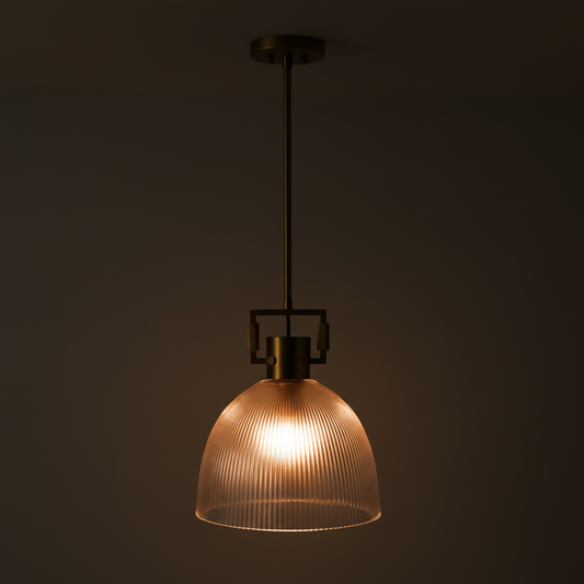 Artisan Ribbed Glass Pendant Light – Knurled H65 Brass, warm 2700K glow on dark background