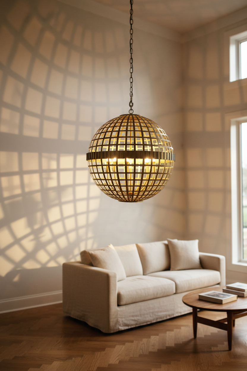 Orbital Grid Spherical Chandelier in double-height living room lifestyle scene – geometric light patterns on ceiling