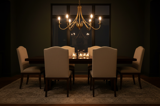 American-style solid brass chandelier with 6 curved arms in warm dining room setting