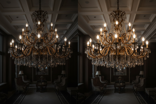 Side-by-side comparison of deteriorating brass-finish chandelier versus pristine solid H65 brass chandelier in hotel lobby