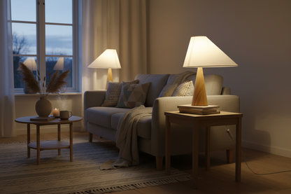 Asymmetric Drift Table Lamp | Hand-Turned Solid Wood & Linen Shade