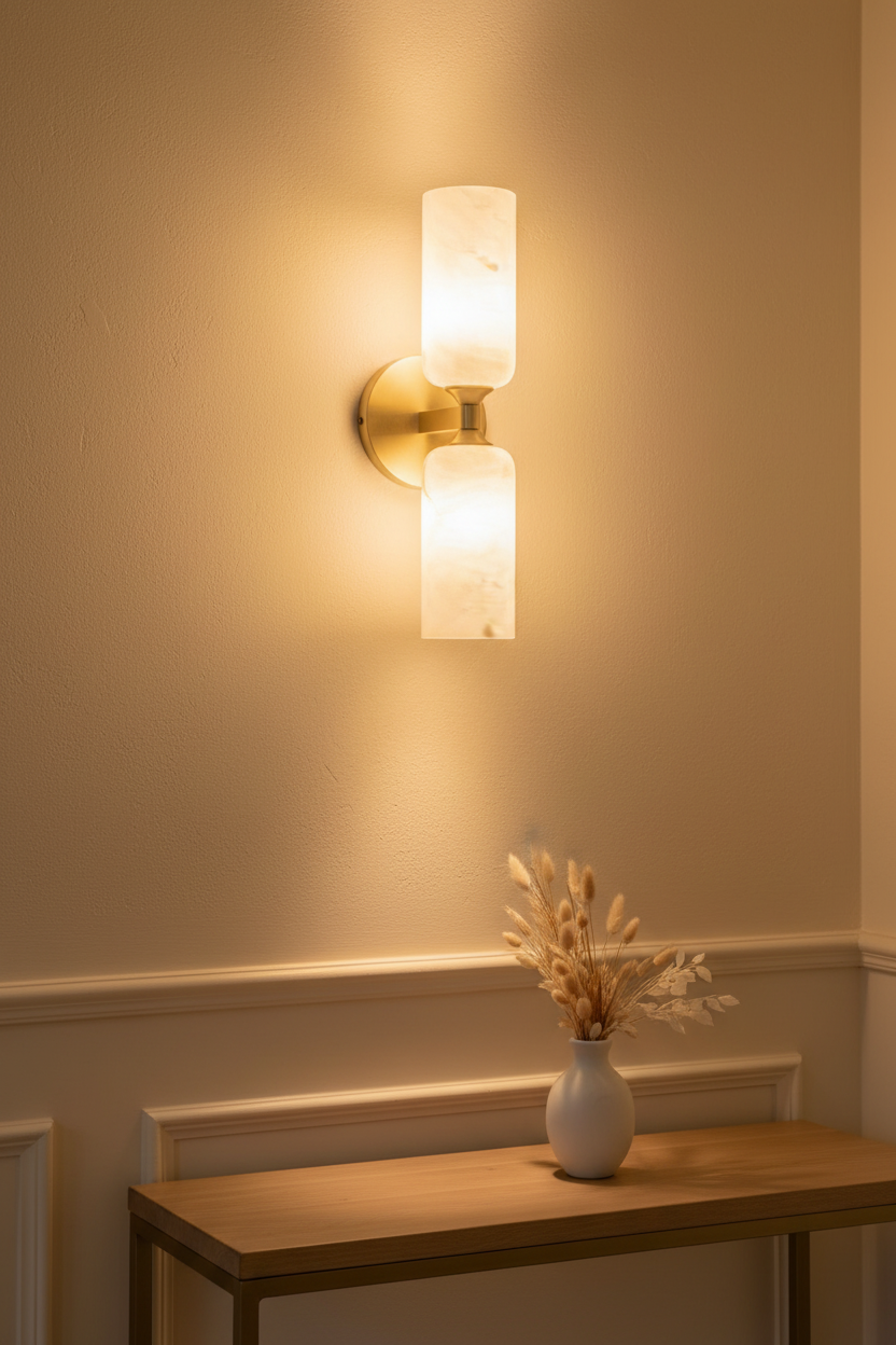 Lyra Twin Wall Sconce in elegant bedroom lifestyle scene – warm amber glow on limewash plaster wall