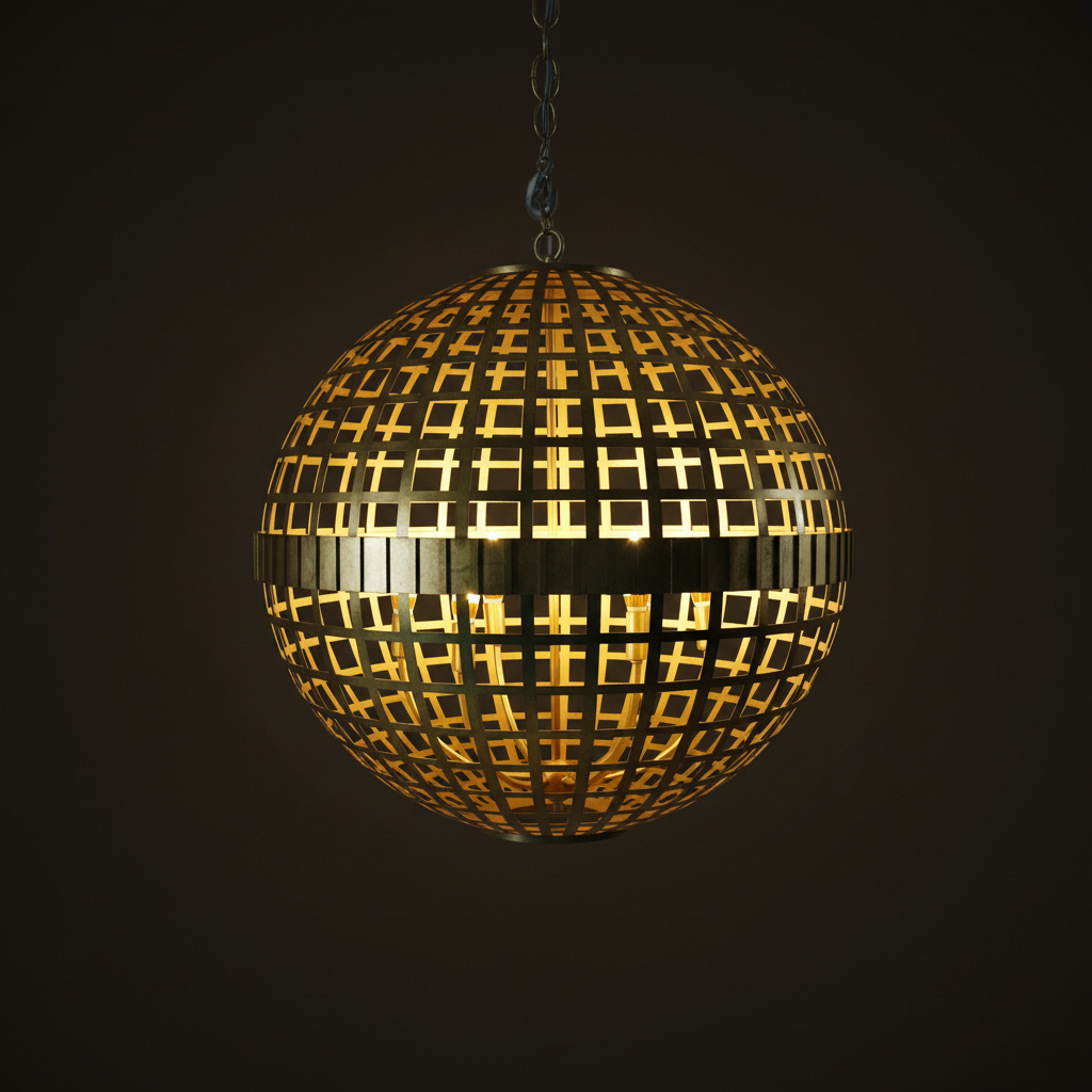 Orbital Grid Spherical Chandelier – Warm 2700K glow through brass lattice on dark charcoal background