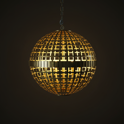 Orbital Grid Spherical Chandelier – Warm 2700K glow through brass lattice on dark charcoal background