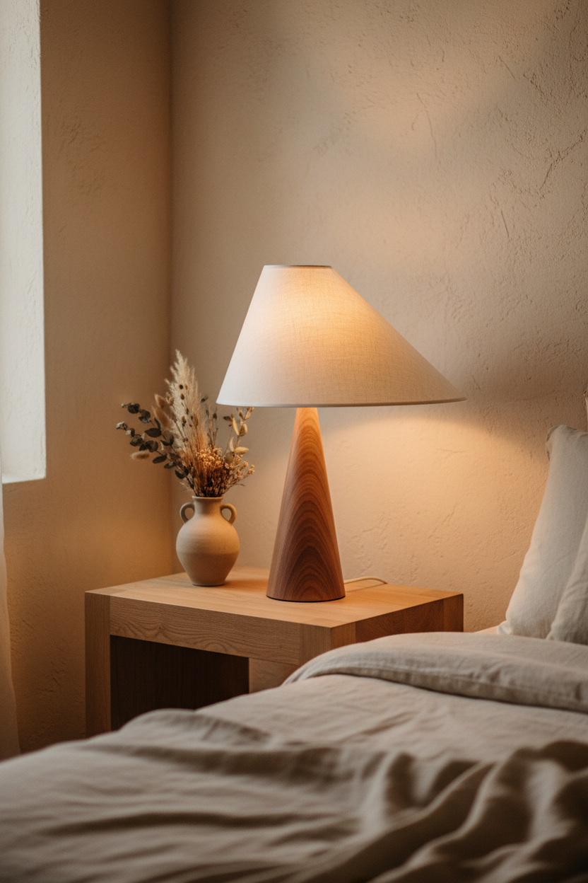 Asymmetric Drift Table Lamp in wabi-sabi bedroom lifestyle scene – warm amber glow on oak bedside table