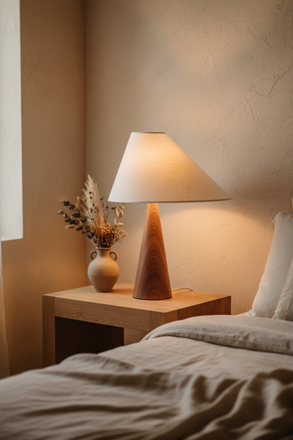 Asymmetric Drift Table Lamp in wabi-sabi bedroom lifestyle scene – warm amber glow on oak bedside table