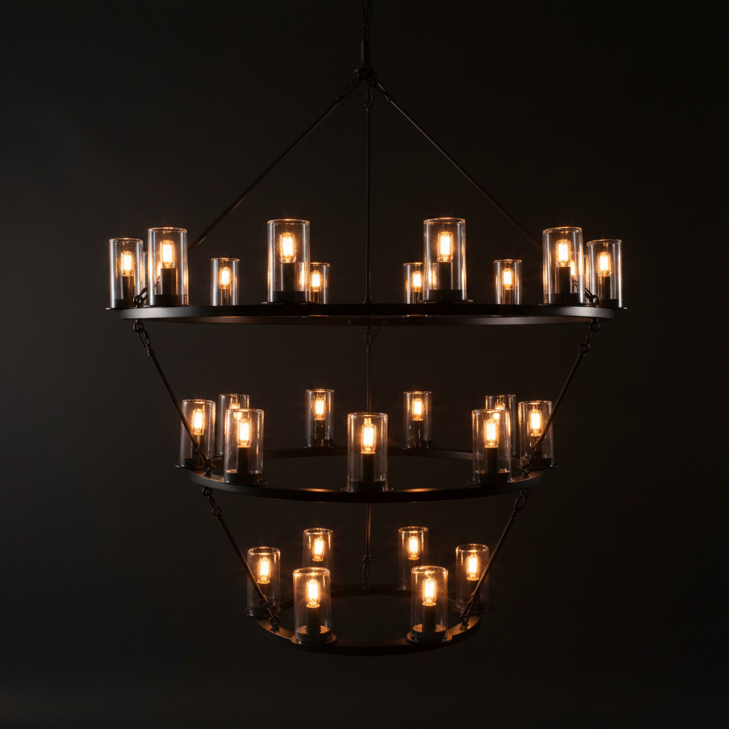 Three-Tiered Ring Chandelier – All tiers lit with warm 2700K candle glow on dark charcoal background