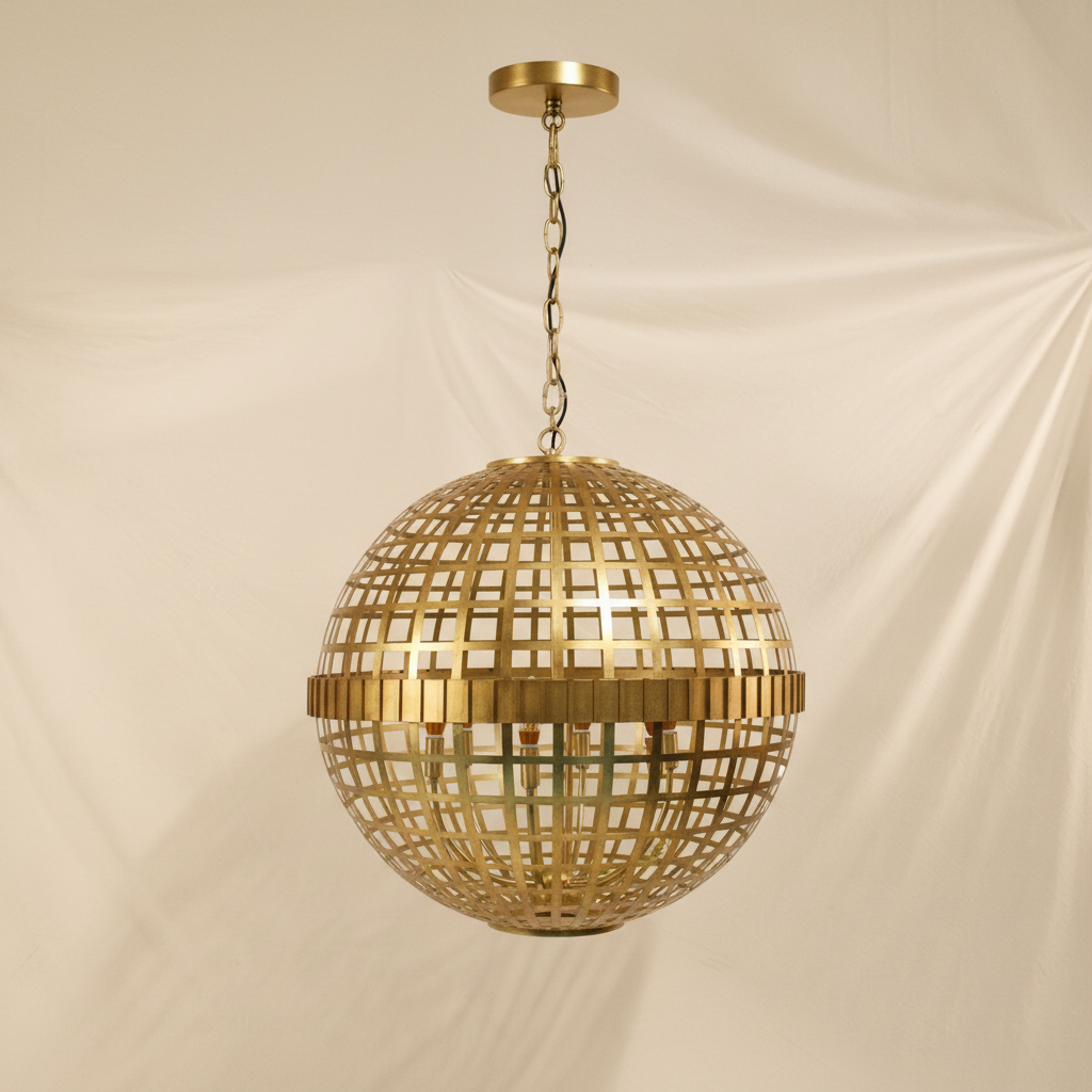 Orbital Grid Spherical Chandelier | Hand-Welded Solid H65 Brass – warm white background studio shot