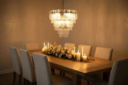 Glacier Cascade Tiered Chandelier in elegant dining room lifestyle scene – warm glow above oak dining table