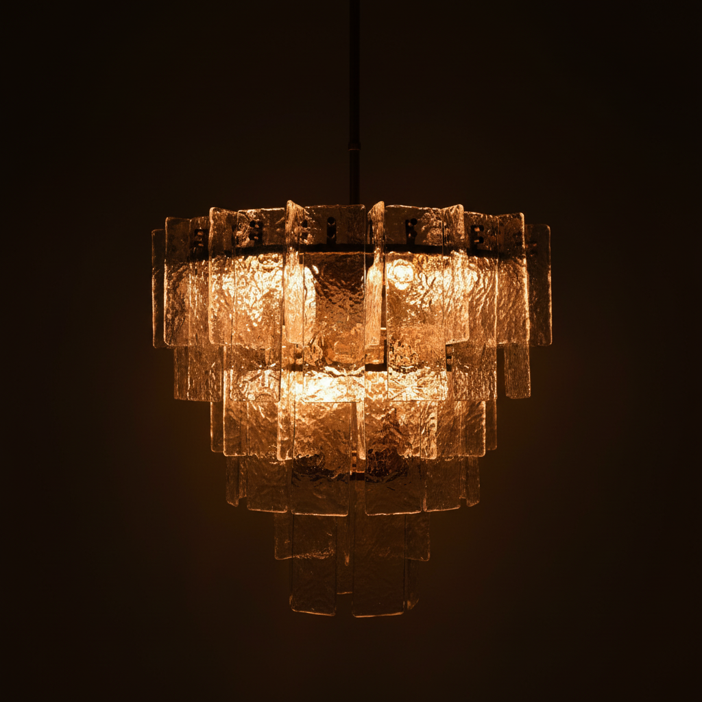 Glacier Cascade Tiered Chandelier – Warm 2700K glow through ice glass on dark charcoal background