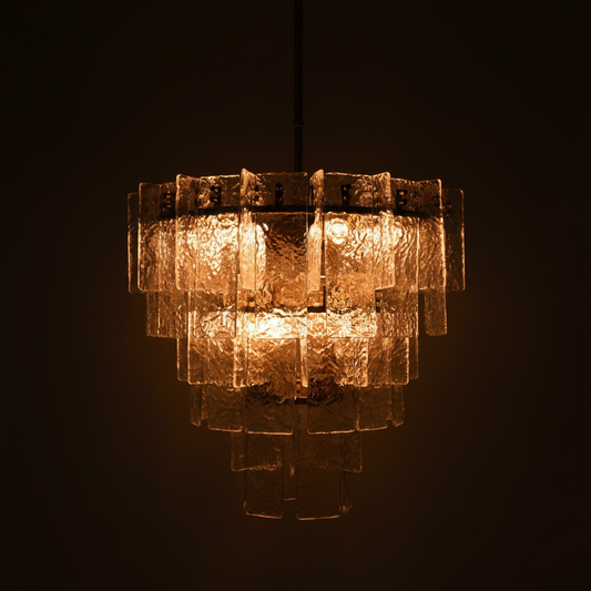 Glacier Cascade Tiered Chandelier – Warm 2700K glow through ice glass on dark charcoal background