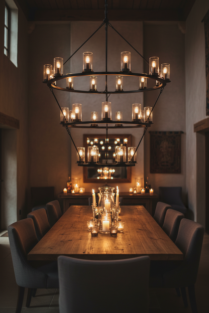 Three-Tiered Ring Chandelier in grand dining hall lifestyle scene – dramatic warm candlelight atmosphere