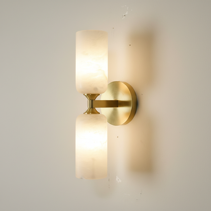 Lyra Twin Wall Sconce | Alabaster-Style Glass & Solid H65 Brass – warm white background studio shot