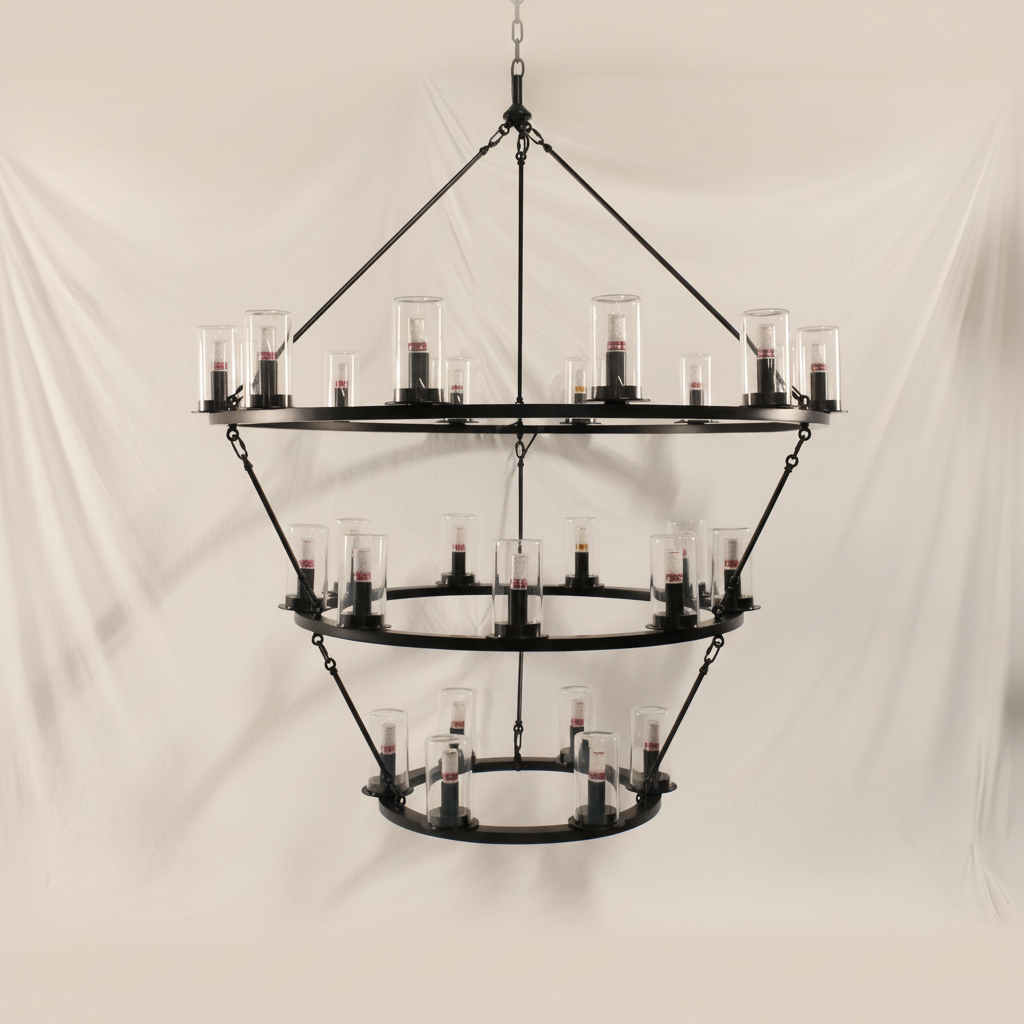 Three-Tiered Circular Ring Chandelier | Matte Black Iron & Cylindrical Glass – warm white background studio shot