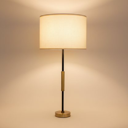 Linear Muse Table Lamp | Solid H65 Brass & Matte Black – Clean warm white background studio shot