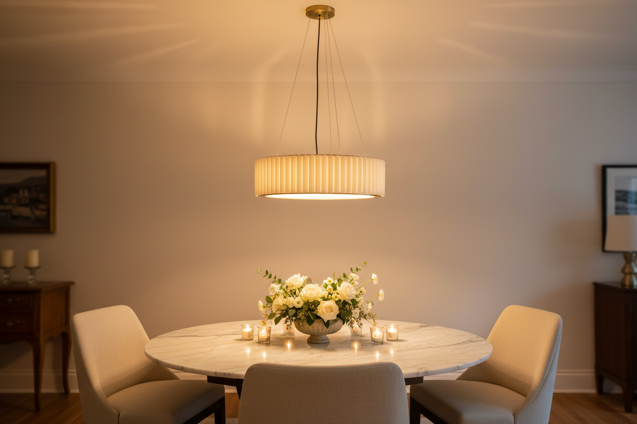 Aura Fluted Drum Pendant Light in elegant dining room lifestyle scene – warm glow above marble dining table