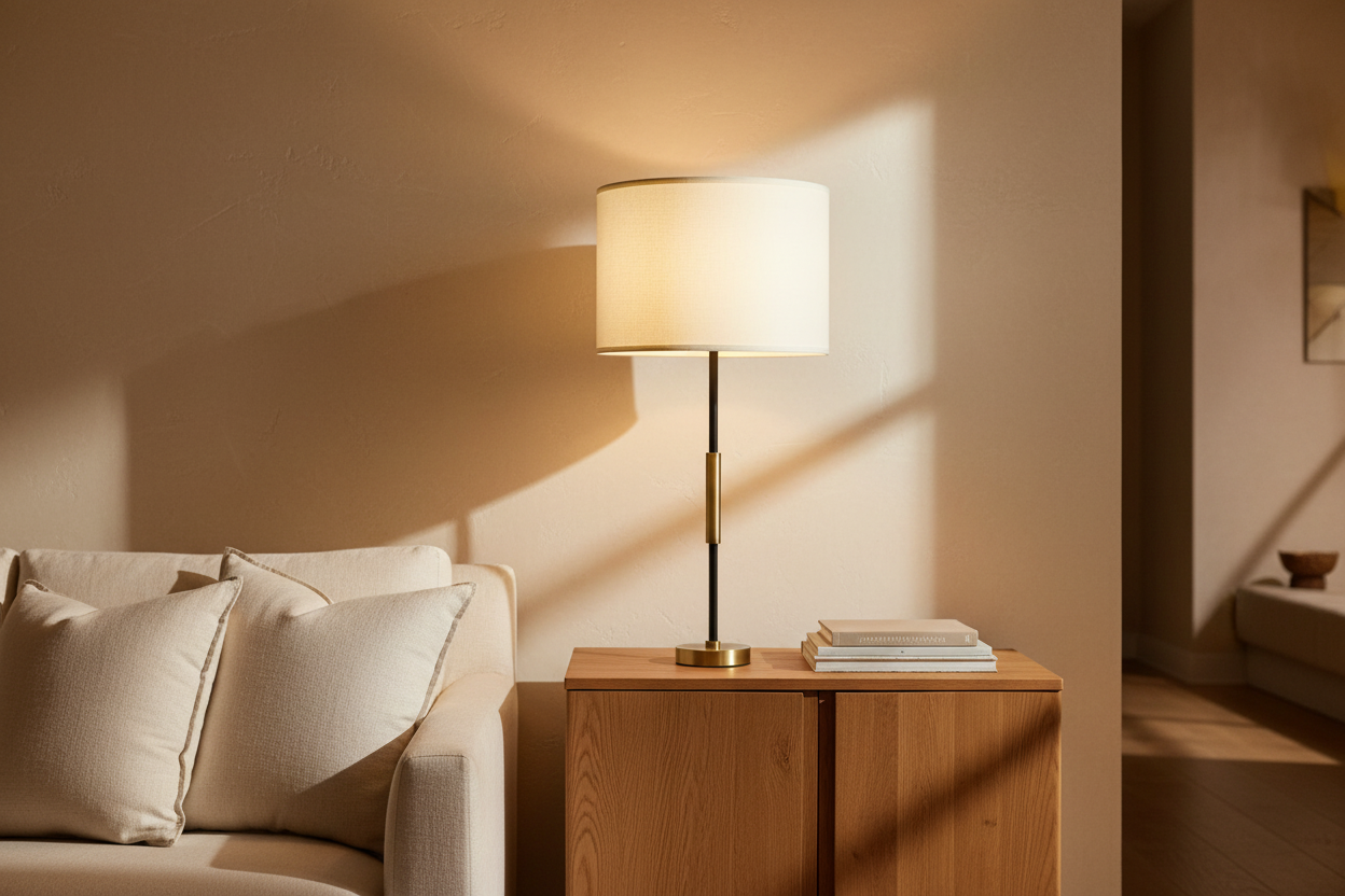Linear Muse Table Lamp in modern American living room lifestyle scene – warm ambient glow on oak side table